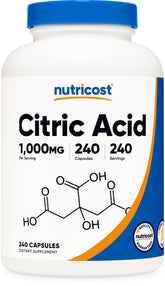 Nutricost ácido cítrico cápsulas, frasco práctico para uso diario.