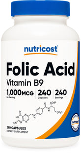 Nutricost ácido fólico 1000 mcg, etiqueta frontal, apoyo diario para la salud