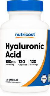 Nutricost ácido hialurónico, bote de cápsulas, apoyo a la hidratación de la piel.