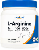 Nutricost L-Arginina en polvo, frente del envase, posible apoyo al rendimiento