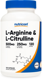 Nutricost Arginina L Citrulina Complex, botella visible, soporte al rendimiento diario.