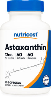Nutricost Astaxantina 12mg – botella de 60 cápsulas, fácil dosificación diaria.
