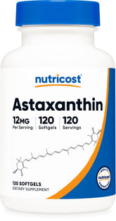 Nutricost Astaxantina 12mg botella: suministro estable para la rutina diaria.