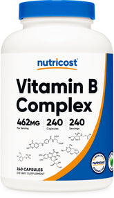 Nutricost Complejo B en envase de cápsulas para apoyo diario de energía.
