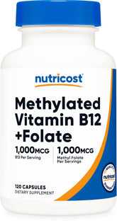 Nutricost B12 Metilado y Folato, botella de cápsulas para uso diario