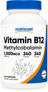 Nutricost B12 metilcobalamina cápsulas, botella de 1000 mcg, posible apoyo a la energía diaria.