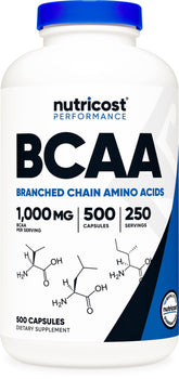 Nutricost BCAA 1000mg cápsulas, formato práctico para uso diario tras entrenos.