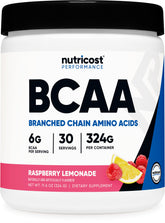 Nutricost BCAA Polvo 2:1:1, envase con sabor frambuesa limón para entrenar