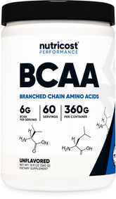 Nutricost BCAA polvo 60 porciones, vista frontal, posible apoyo a recuperación muscular.