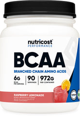 Nutricost BCAA Powder frambuesa-limón en bote, ideal para mezclar con agua.
