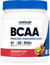 Nutricost BCAA polvo sabor fresa kiwi en bote para entrenamiento diario.