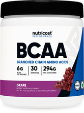 Nutricost BCAA polvo sabor uva, 30 porciones para entrenamientos constantes.