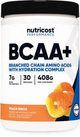 Nutricost BCAA + Hidratación, botella con sabor a anillos de durazno para entrenar.