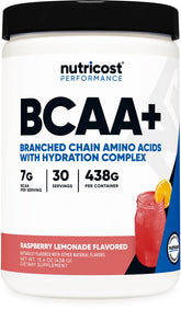 Nutricost BCAA Hidratación en bote, sabor frambuesa-limón, ideal para recuperación muscular