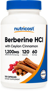Nutricost Berberina HCl con canela de Ceilón, frente del frasco, apoyo para la rutina diaria.