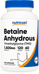 Nutricost Betaína Anhidra: cápsulas de 750 mg en frasco para uso diario.