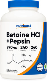 Nutricost Betaína HCl Pepsina, botella visible, soporte digestivo para comidas