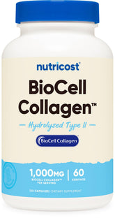 Nutricost BioCell Collagen cápsulas en botella, 1000 mg por porción, posible apoyo a articulaciones y piel