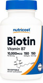 Nutricost Biotina 10000mcg, botella de cápsulas suaves para suplementación diaria