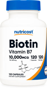 Nutricost Biotina 10000mcg, cápsulas, uso diario para apoyo al cabello y uñas.