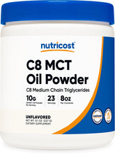 Nutricost C8 MCT Powder, bote 8 oz, concentración del 95% C8 para mayor pureza.