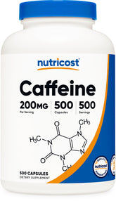 Nutricost cafeína cápsula 200mg, impulso rápido para concentración y energía sostenida.