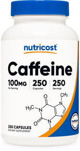 Nutricost cafeína cápsulas en bote para energía sostenida.