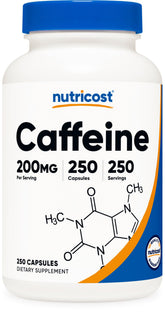 Nutricost cafeína: cápsulas frente al envase, energía rápida para comenzar el día