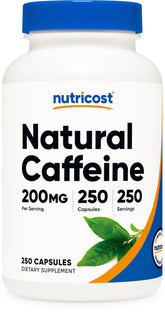 Nutricost cafeína natural cápsulas en frasco, energía sostenida para la jornada.