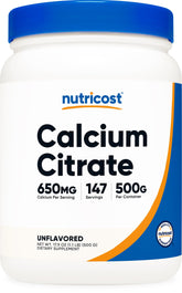 Nutricost calcio citrato polvo 500 g, ideal para mezclar en batidos diarios.