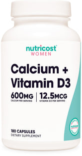 Nutricost calcio D3 para mujeres, botella visible, apoyo diario de calcio.