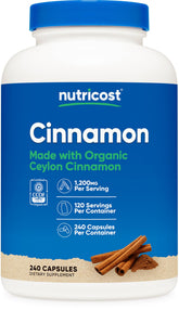 Nutricost Canela Ceilán cápsulas – botella frontal para dosis diaria conveniente.