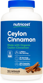 Nutricost Canela Orgánica Ceylon: cápsulas en frasco para apoyo digestivo diario.