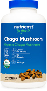 Nutricost Chaga orgánico, botella frontal, apoyo diario de bienestar.