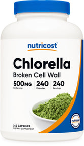 Nutricost Chlorella 500 mg: botella con cápsulas para apoyo a una dieta vegetariana.