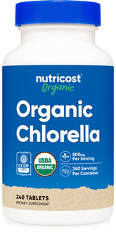 Frasco de Nutricost Chlorella Orgánica 500 mg con 240 tabletas para consumo diario.