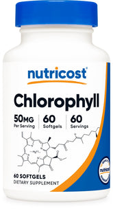 Nutricost Clorofila 50 mg cápsulas blandas en bote para bienestar diario