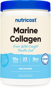 Nutricost Colágeno Marino sin sabor en bote de 8 oz, fácil de incorporar.