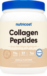 Nutricost colágeno vainilla polvo bolsa 1lb, opción conveniente para la rutina diaria.