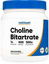 Polvo Nutricost de Colina Bitartrato en bote de 500 g para mezclar.
