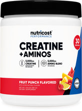 Etiqueta de Nutricost Creatina y aminoácidos Fruta cítrica, ideal para entrenamientos prácticos.