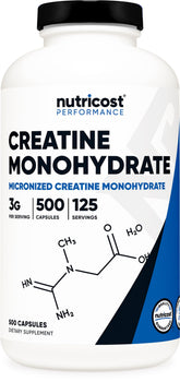 Nutricost Creatina Monohidratada 3000 mg, bote frontal, potencia entrenamientos diarios