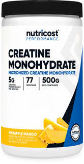 Nutricost creatina monohidratada piña mango, envase frontal, ideal para entrenamientos constantes.