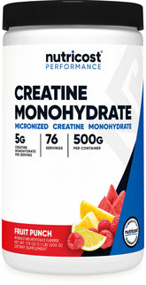 Nutricost Creatina Monohidratada, frasco 500 g, sabor Fruta, ideal para entrenamientos.