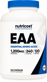 Nutricost EAA Cápsulas 1200mg, botella para uso diario de aminoácidos.
