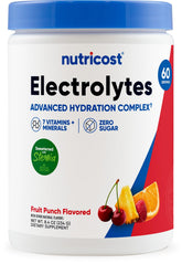 Nutricost complejo de electrolitos en polvo, sabor fruta, para hidratación rápida.