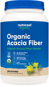Nutricost fibra de acacia orgánica en botella, aporte suave para la regularidad diaria.