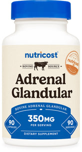 Nutricost glándula adrenal cápsulas, botella frontal para uso diario.
