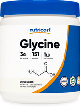 Nutricost Glicina en polvo dentro del bote, fácil de medir para uso diario.