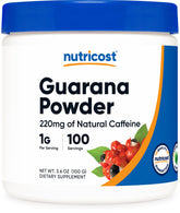 Nutricost Guaraná Extracto Polvo en frasco para energía sostenida.